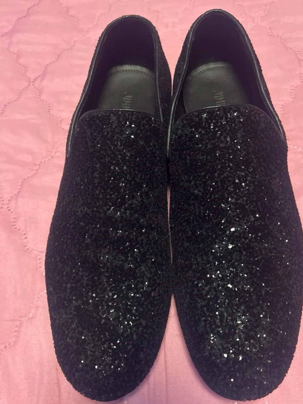 Jimmy Choo Black Glitter Slip-On Loafers